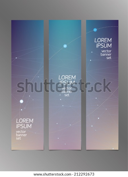 Set of vertical abstract vector banners with moonlight,
polygonal surfaces with semi-transparent connecting lines, star
dots, constellations, elliptical orbit, and early sunrise effect
(dawn). 