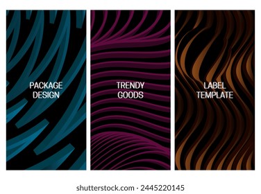 Set of vertical abstract volumetric backgrounds with 3D distorted stripes. Good for packaging design in hi-tech style