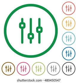 Set of vertical adjustment color round outlined flat icons on white background