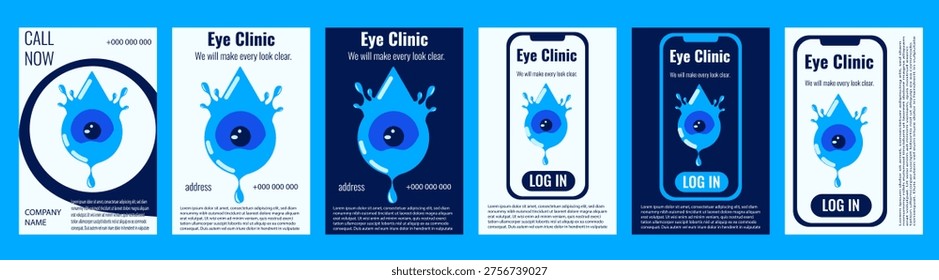 Set vertical ads poster for Eye Clinic. Vector illustration of human Eye in water drops mobile app and business typography. EPS 10