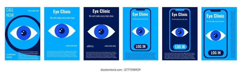 Set vertical ads poster for Eye Clinic. Vector illustration of human Eye mobile app and business typography. EPS 10