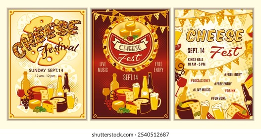 Conjunto de cartaz publicitário vertical, modelo para Festival do Queijo, fest, evento com texto, ícones de queijo, vinho, garrafa de cerveja, copos, grinalda festiva. Estilo retrô. Tamanho de papel A4.