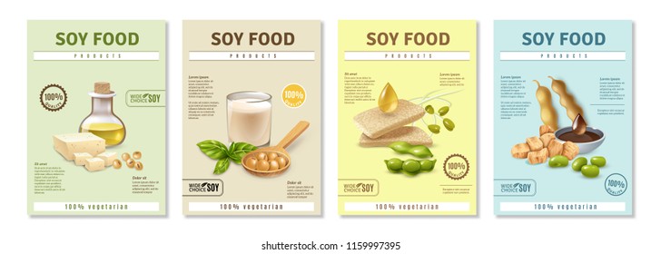 Set of vertical advertising posters with soy food products on colorful background isolated vector illustration 