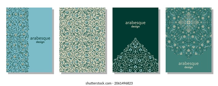 Set of vertical arabesque floral banners. Branches with flowers, leaves and petals