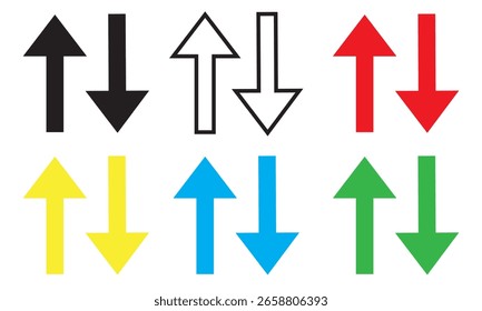 Set of Vertical Arrow Icons in Multiple Colors – Flat Design Upward and Downward Arrows for UI and Infographics