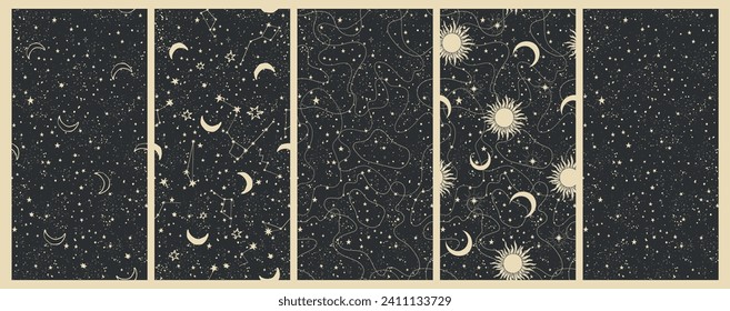 Set of vertical astrology banners, celestial background for zodiac, tarot, boho design. Horoscope cards. Esoteric vector illustration, pattern.