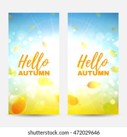 Set of vertical autumn banners. Collection of beautiful backgrounds with the falling leaves. Vector illustration.