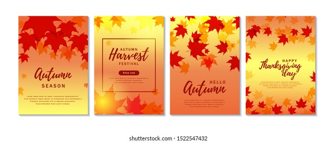 Set of vertical autumn banners with maple leaves isolated on white. Colorful vector illustration. Space for text. 