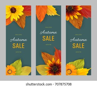 Set of vertical autumn banners for sale with autumn yellow, orange, red leaves and flowers fall colors on a dark background, template, vector illustration