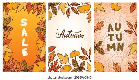 set of vertical autumn cards, posters, prints, invitation templates, sale banners, etc. Thanksgiving, autumn foliage theme. EPS 10