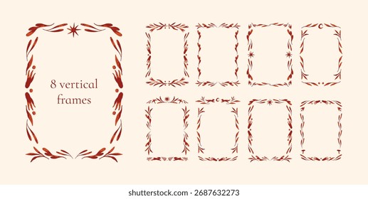 Conjunto de quadros verticais de outono com folhas, raposas, cogumelos e plantas. Bordas sazonais desenhadas à mão para cartões, saudação, cartazes, convite e impressão. Ilustração vetorial para design de queda