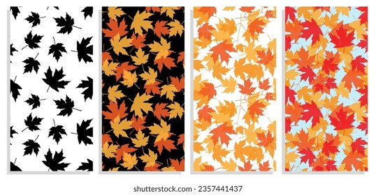 Set of vertical autumn maple leaves silhouettes flyers with dried herbarium leaves seamless patterns. Templates for invitation, banners, brochures print. Vector on black and white