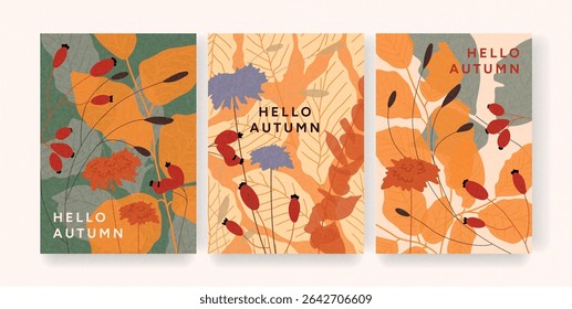 Set of vertical Autumn posters with orange and gray foliage, red rosehips, purple and orange flowers on green and neutral backgrounds. Seasonal greeting cards for fall decor, prints, web. Vector