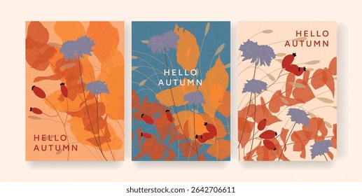 Set of vertical Autumn posters. Red rosehips, orange leaves, purple blossoms, transparent petals on warm and blue backgrounds. Vector illustration for poster, invitation, flyer