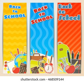 Set of vertical Back to School banners. Vector illustration