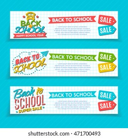 Set of vertical back to school banners with color school label isolated on blue background. Vector Illustration
