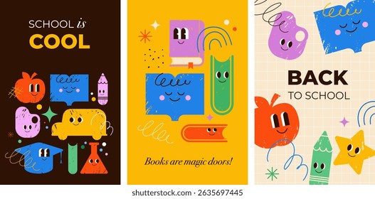 Set of vertical Back to School posters with cute hand drawn cartoons of school supplies. Modern vector concept illustration.