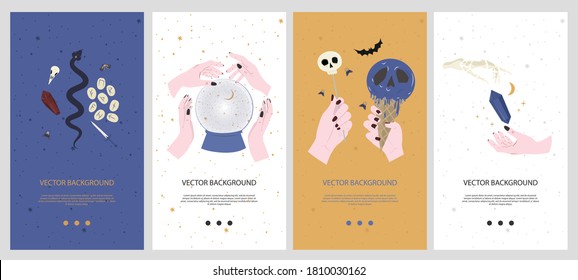 Conjunto de fondo vertical con elementos místicos y lindos de halloween. Aplicación móvil y medios sociales. Ilustración vectorial editable.