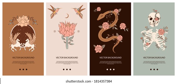 Set of vertical background with Mystical and Mexico elements. Template for social media and mobile app. Skull, cactus, floral and mystic elements. Editable vector illustration.