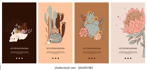 Set of vertical background with Mystical and Mexico elements. Template for social media and mobile app. Skull, cactus, floral and mystic elements. Editable vector illustration.