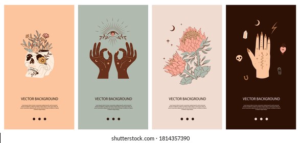 Set of vertical background with Mystical and Mexico elements. Template for social media and mobile app. Skull, cactus, floral and mystic elements. Editable vector illustration.