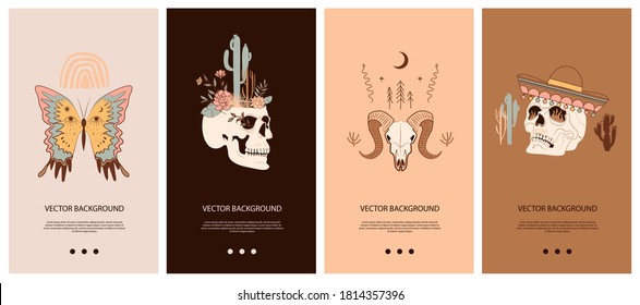 Set of vertical background with Mystical and Mexico elements. Template for social media and mobile app. Skull, cactus, floral and mystic elements. Editable vector illustration.