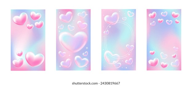 Set of vertical background post for social networks with hearts.Soft colors, gradient.Tenderness and love.Template with copy space.Vector stock illustration.