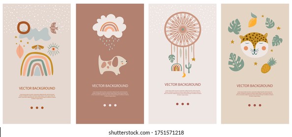 Set of vertical background template for social network and mobile app with cute boho elements for kids, decorative doodle and animals. Vector illustration.