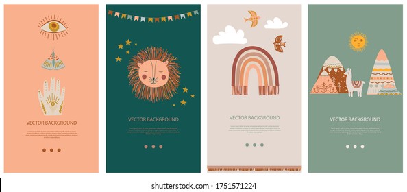 Set of vertical background template for social network and mobile app with cute boho elements for kids, decorative doodle and animals. Vector illustration.