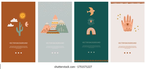 Set of vertical background template for social network and mobile app with cute boho elements for kids, decorative doodle and animals. Vector illustration.