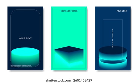 A set of vertical backgrounds with a 3d podium in green and blue neon tones