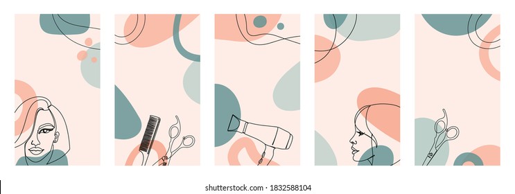 Set of vertical backgrounds of an abstract image with continuous black lines with colorful abstract stains. 
