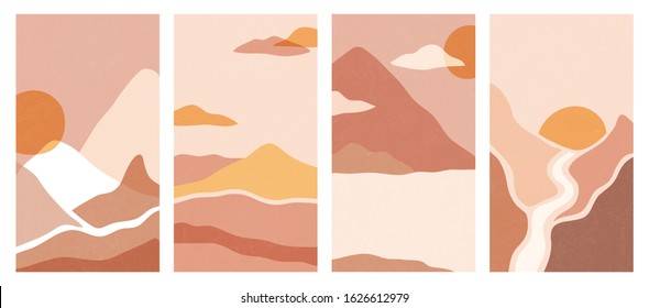 Set of vertical backgrounds, Abstract landscapes. Backgrounds with space for text - for social networks. Vector illustration of landscapes.