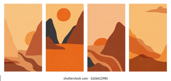 Set of vertical backgrounds, Abstract landscapes. Backgrounds with space for text - for social networks. Vector illustration of landscapes.