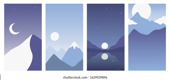 Set of vertical backgrounds, Abstract landscapes. Backgrounds with space for text - for social networks. Vector illustration -mountains, lake, forest, night, moon.