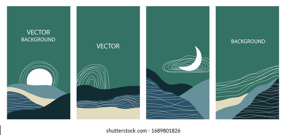 Set of vertical backgrounds, Abstract landscapes. Backgrounds with space for text - for social networks, stories. Vector illustration of landscapes.