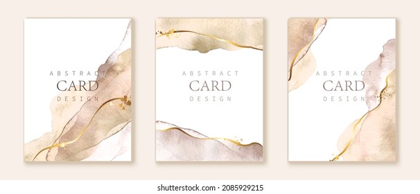 Set of vertical backgrounds. Beige, brown watercolor fluid painting vector design. Dusty pastel, neutral and golden marble. Dye elegant soft splash style. Alcohol ink imitation.
