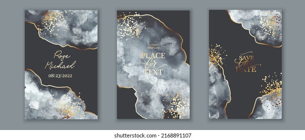 Set of vertical backgrounds. Black, grey, white watercolor fluid painting vector design. Dusty pastel, neutral and golden marble. Dye elegant soft splash style. Alcohol ink imitation. Wedding cards.