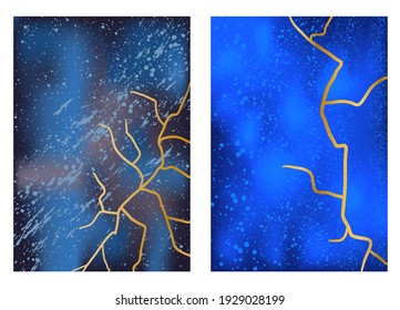 Set with vertical backgrounds of blue color with stone texture and gold crack, with dots, stock vector illustration for design and decoration, print, pattern, kintsugi, banner