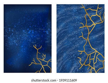 Set with vertical backgrounds of blue color with stone texture and gold crack, with dots, stock vector illustration for design and decoration, print, pattern, kintsugi, banner