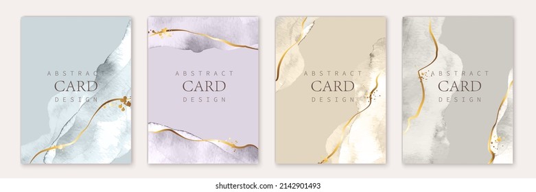 Set of vertical backgrounds. Blue, grey, ivory, grey watercolor fluid painting vector design. Dusty pastel, neutral and golden marble. Dye elegant soft splash style. Alcohol ink imitation.