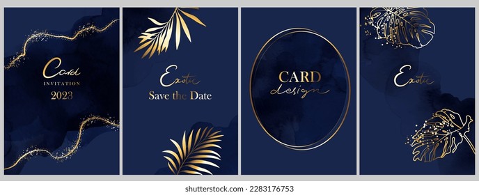 Set of vertical backgrounds. Blue, navy watercolor fluid painting vector design. Golden exotic palm leaves, lines, splatters.