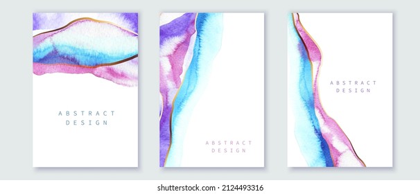 Set of vertical backgrounds. Blue, pink, violet bright colors.  Watercolor fluid painting vector design. Abstract sea, montains, landscape art with golden lines.