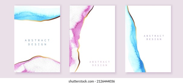 Set of vertical backgrounds. Blue, pink, violet bright colors.  Watercolor fluid painting vector design. Abstract sea, montains, landscape art with golden lines.