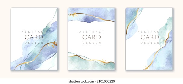Set of vertical backgrounds. Blue, turquoise watercolor fluid painting vector design. Dusty pastel, neutral and golden marble. Dye elegant soft splash style. Alcohol ink imitation.