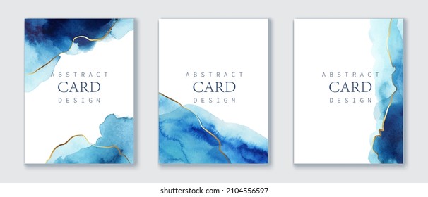 Set of vertical backgrounds. Blue, turquoise watercolor fluid painting vector design. Dusty pastel, neutral and golden marble. Dye elegant soft splash style. Alcohol ink imitation.