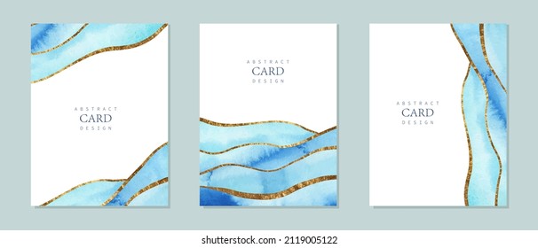 Set of vertical backgrounds. Blue, turquoise watercolor fluid painting vector design. Dusty pastel, neutral and golden marble. Dye elegant soft splash style. Alcohol ink imitation.