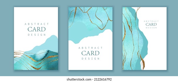 Set of vertical backgrounds. Blue, turquoise watercolor fluid painting vector design. Dusty pastel, neutral and golden marble. Abstract sea, montains, landscape art with golden lines.