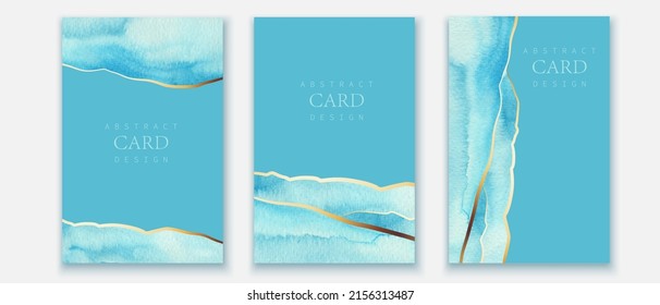 Conjunto de fondos verticales. Diseño vectorial de pintura de fluidos de color azul y turquesa. Kintæy mármol dorado. Resumen mar, montañas, arte paisajístico con líneas doradas.
