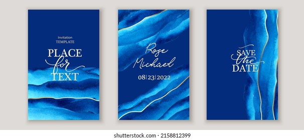 Set of vertical backgrounds. Blue, turquoise watercolor waves. Golden lines,  marble design. Alcohol ink imitation. Wedding card, invitation template.